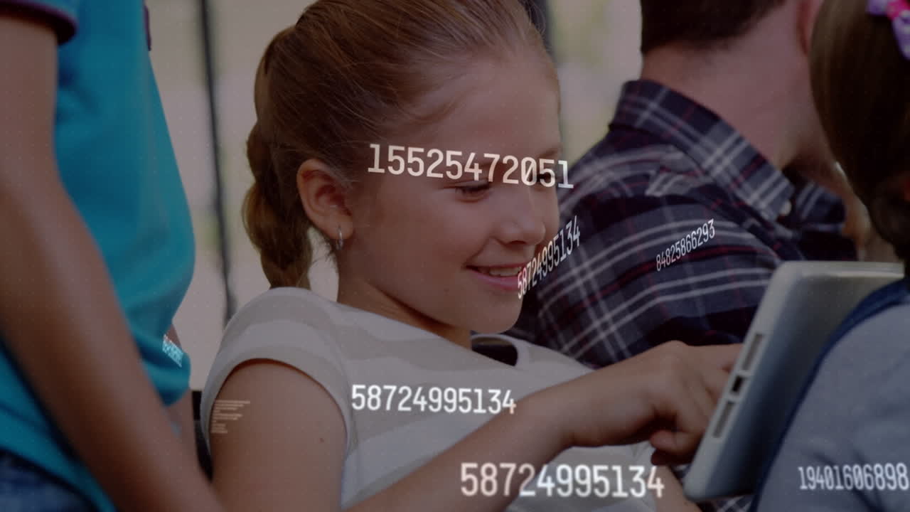 Animation of data processing over caucasian girl using tablet