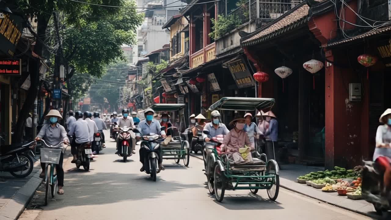 Bustling Streets Filled with Motorbikes and Rickshaws in a Traditional Market Setting, Showcasing Everyday Life in a Vibrant Urban Environment