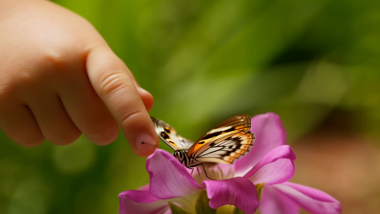 Mano di bambino piccolo tocca delicatamente una farfalla su un fiore rosa vivace in un giardino soleggiato, primo piano di dita minuscole.
