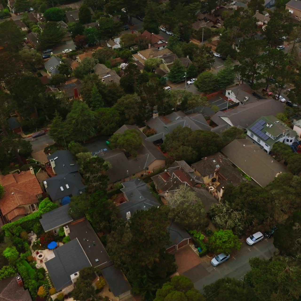 Residential area of Carmel-by-the-sea with lots of green trees. Fine view of the cozy city with beautiful houses. Aerial perspective