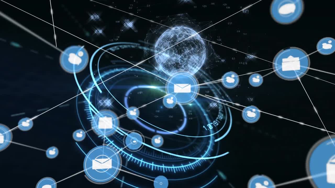 Network of digital icons against spinning globe over round scanner on black background
