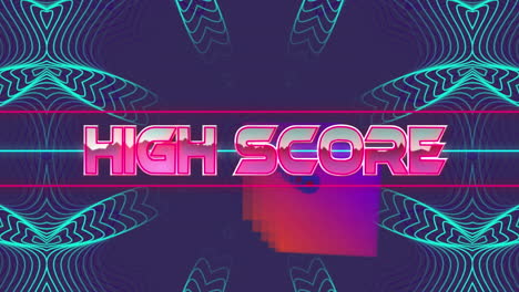 Animation-Eines-Highscore-Textbanners-Vor-Neonfarbenen-Kaleidoskopmustern-Auf-Blauem-Hintergrund