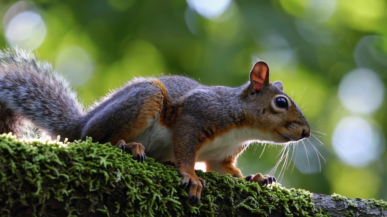 Uno scoiattolo appollaiato su un ramo d'albero muschioso
