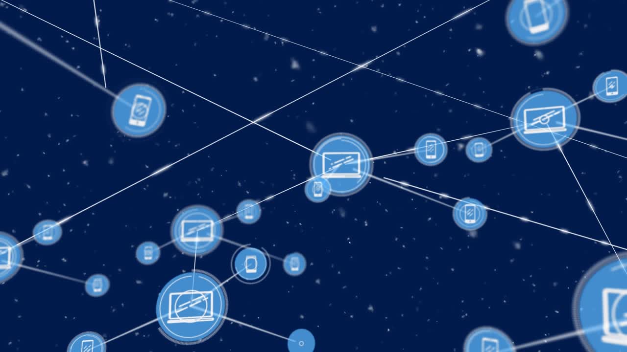 Animation of network of connections with icons and snow falling