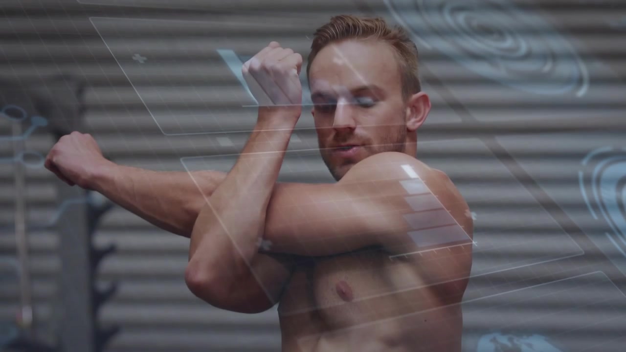 Athlete starting fitness cross stretch, overhead triceps, graphics showing shoulder mobility gym