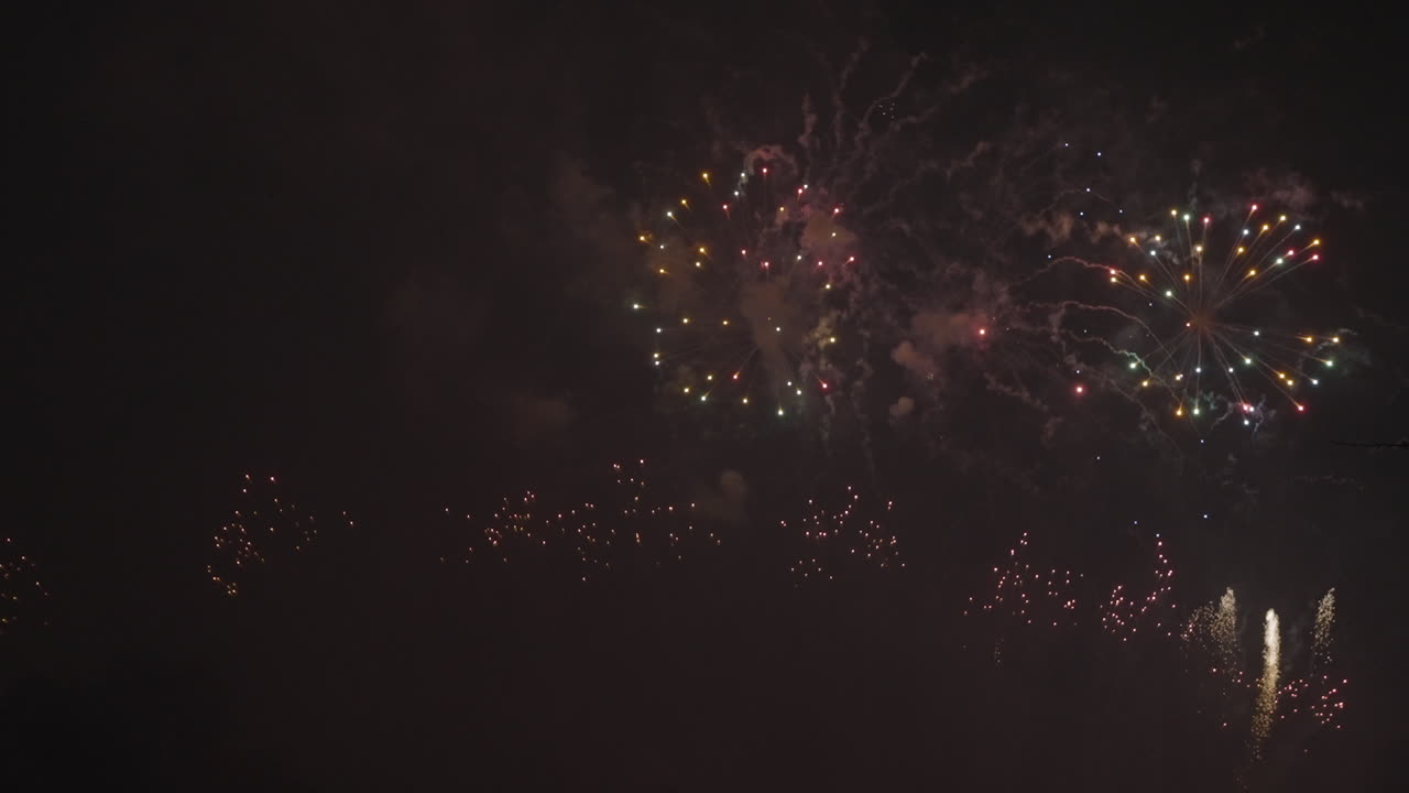 Exploding fireworks light up the black sky in a grand celebration