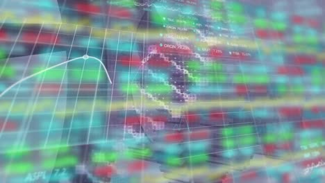 animation of rotating dna helix and moving graph over multicolored trading board