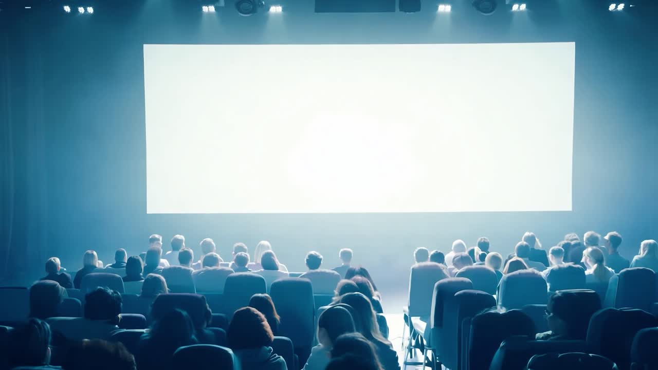 los espectadores sentados en un cine se centran en una pantalla en blanco, rodeados de asientos oscuros y filas de personas