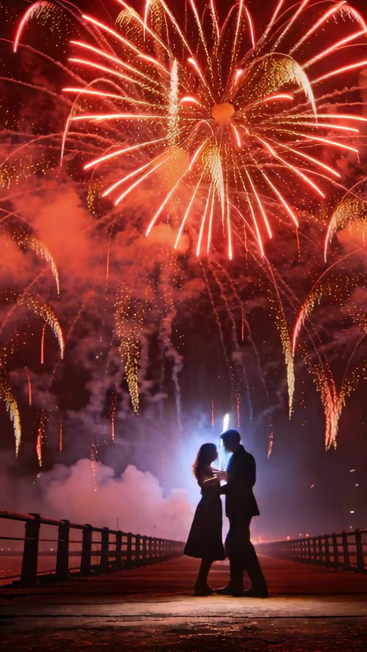 Video vertical: Pareja abrazándose, apoyada en un muelle de noche, viendo fuegos artificiales, con traje y vestido.