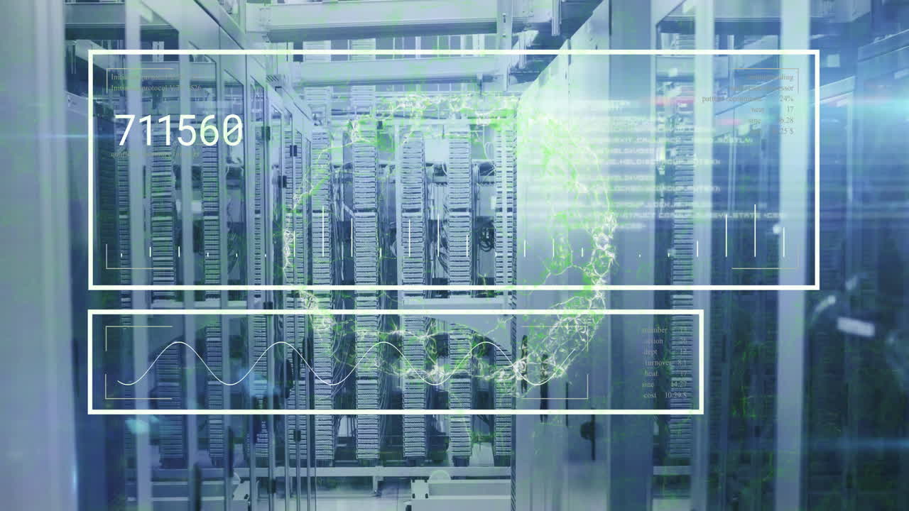 Digital data processing animation over servers in data center