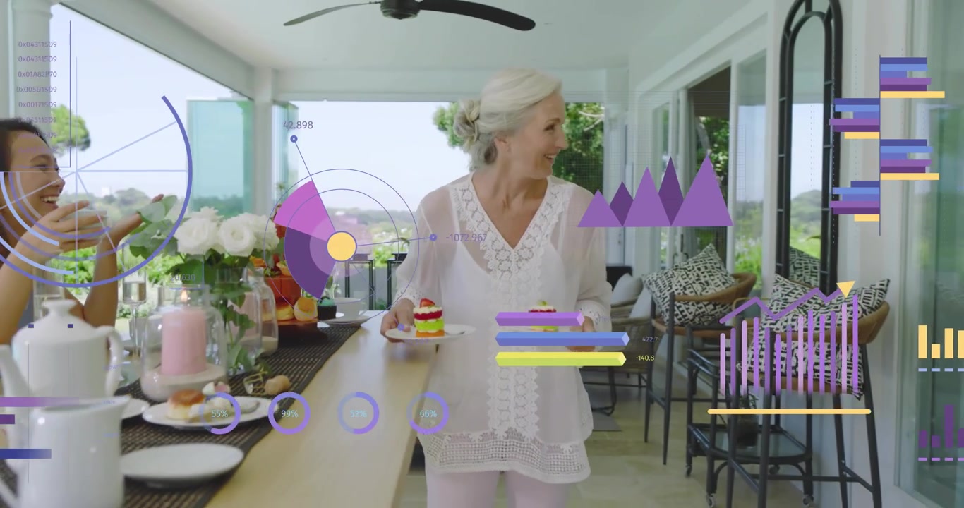 En seniorvært serverer kage, hvilket får en gæst til at smage på kagen og notere smagen på en café med animerede diagrammer.