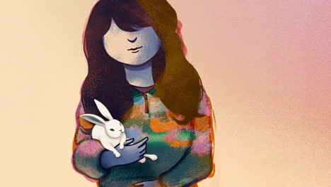 stylized illustration of a person holding a white rabbit
