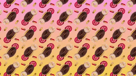 animación abstractamente colorida - vista lateral diferentes rosquillas se mueven hacia arriba en círculo diagonalmente en fondo de gradiente rosa-amarillo - bucle sin costuras.