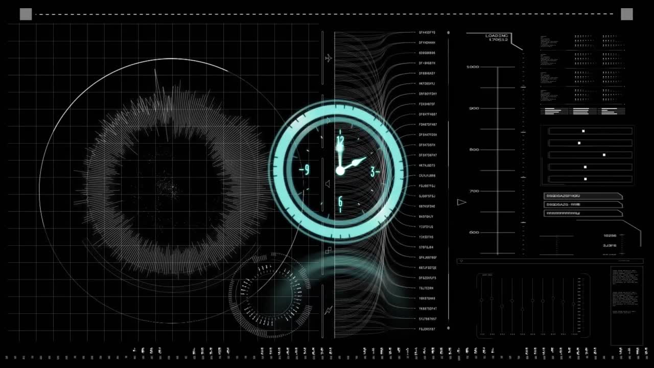 검은색 배경에 데이터 처리를 하는 디지털 인터페이스에 대항하여 틱하는 네온 디지털 시계