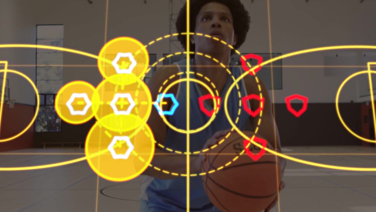 Male sports athlete dribbling between legs, initiating AR grid with rings and hexes, preparing shot