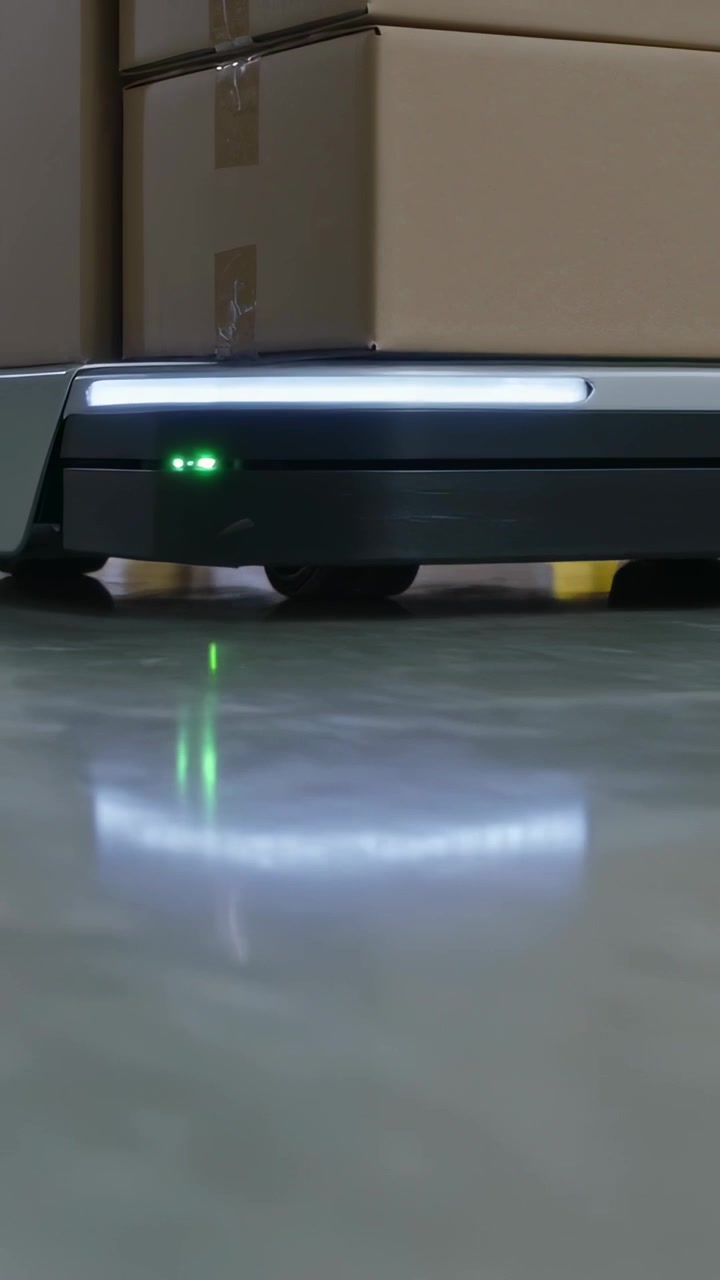Video verticale: All'avvio dell'attività, un robot che trasporta scatole impilate si muove attraverso il magazzino per gli ordini.