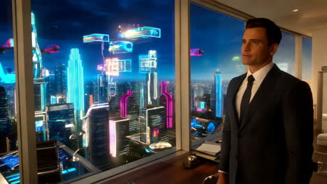 futuristic cityscape view from modern office