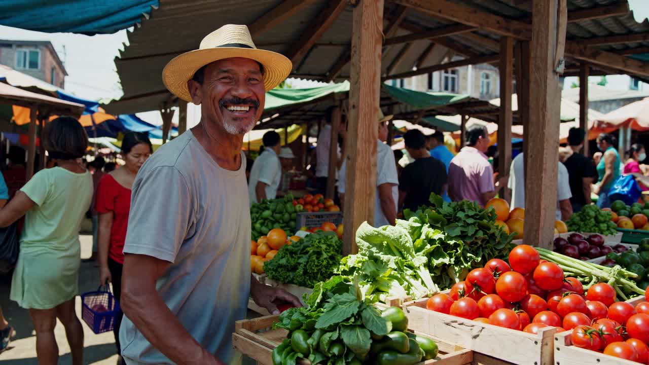 A vibrant market scene with a smiling vendor in a straw hat. Captured at eye level, the video
