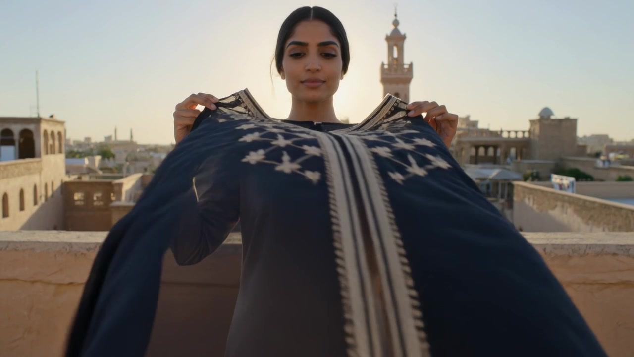Donna che mostra una veste trasparente, con una tunica sotto, su un tetto, la brezza solleva il tessuto per rivelare un bordo dorato.