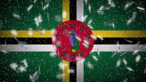 dominica flag falling snow loopable, new year and christmas background, loop