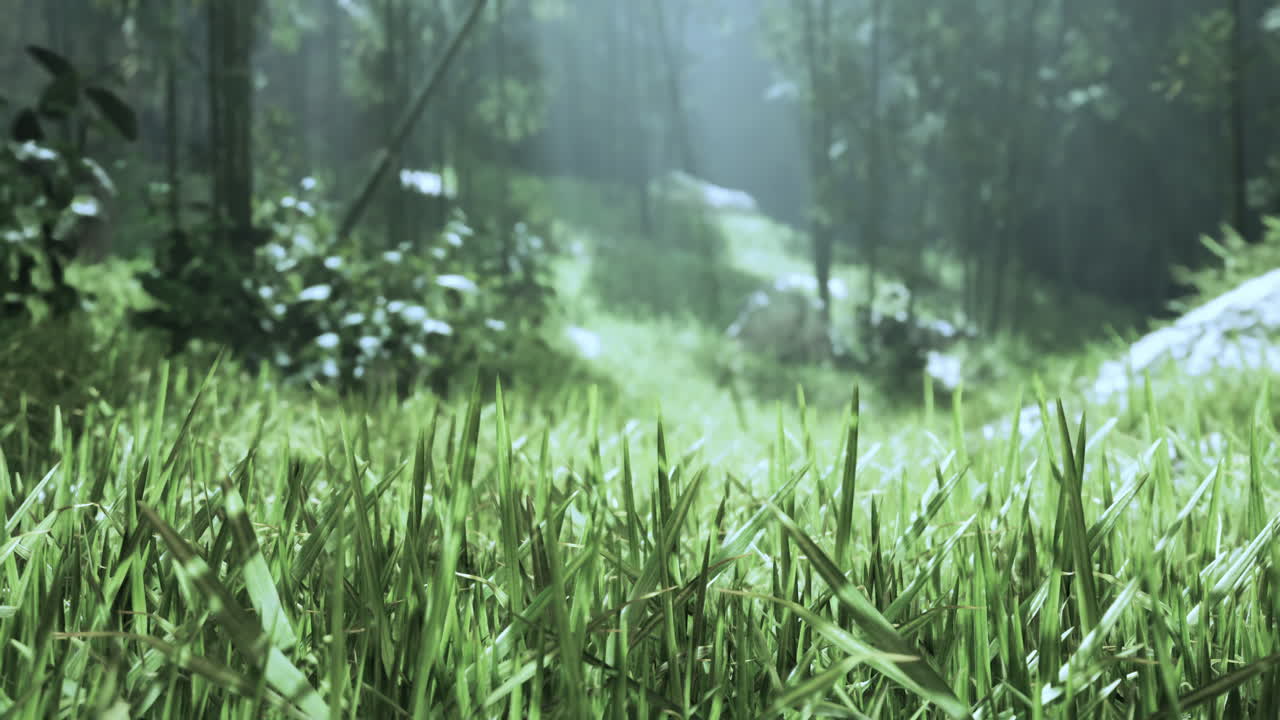 안개 숲 에 있는 초록색 풀 의 클로즈업