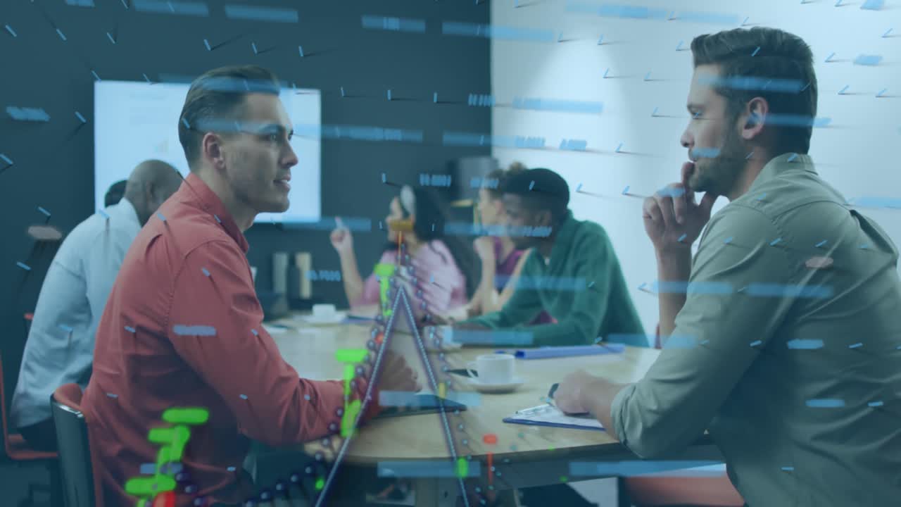 Animation of data processing over diverse business people in office ...