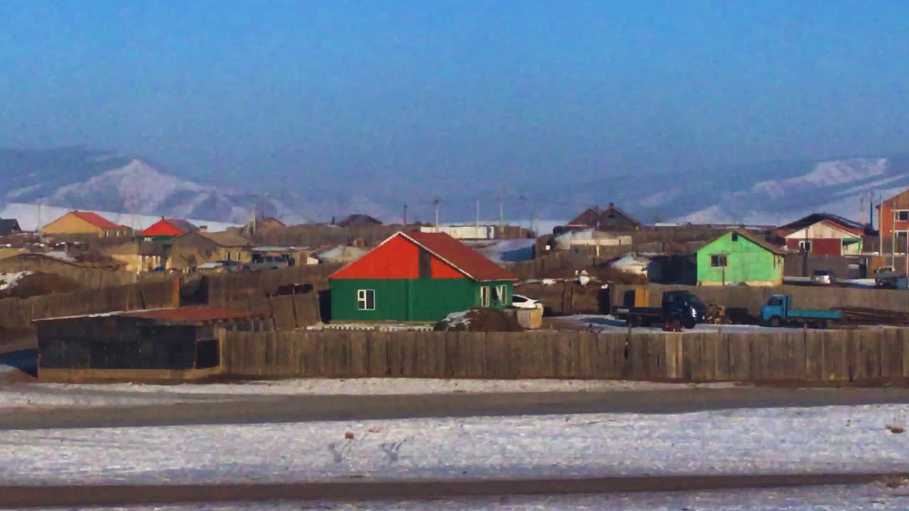 Train Journey Through Rural Mongolian Community During Winter Season