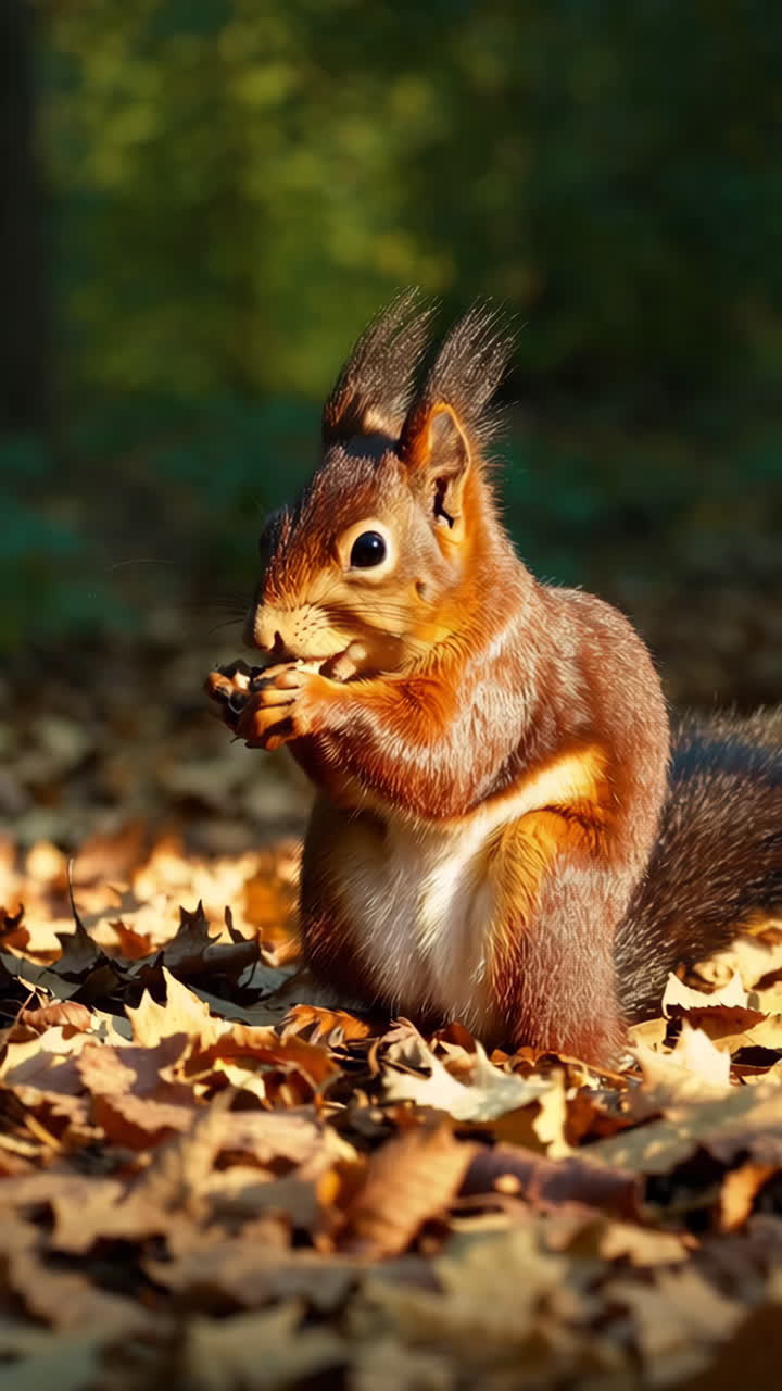 Lo scoiattolo rosso mangia una noce tra le foglie d'autunno