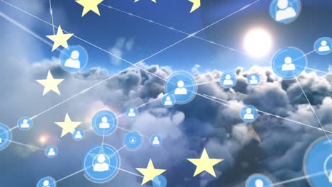 animación de la red de conexión e iconos sobre la bandera de la ue y el cielo nublado