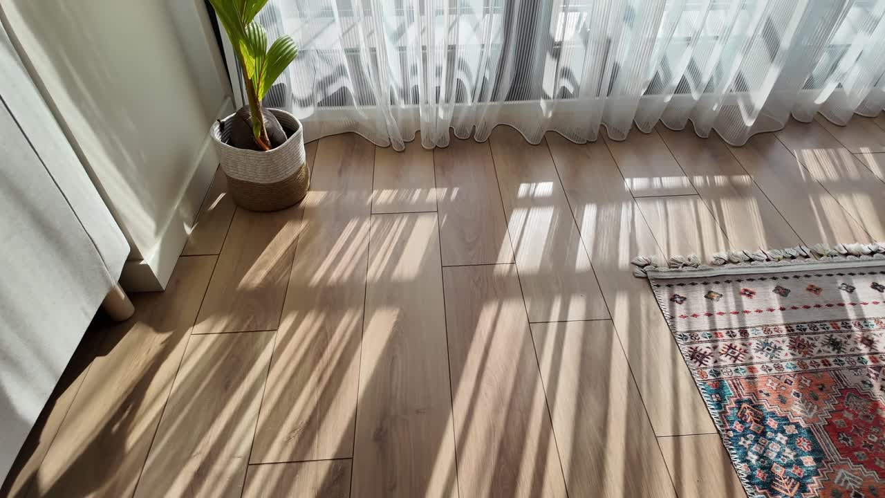Bright room with patterned rug and sunlit wooden floor