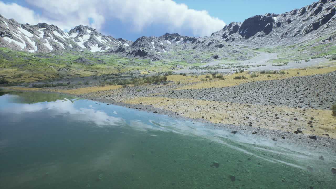 Serene lake reflecting mountains in a tranquil landscape during daylight hours