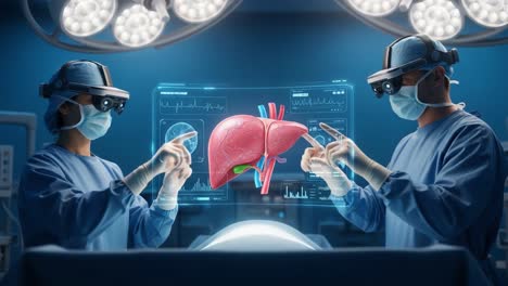 surgeons utilizing advanced augmented reality technology to examine and diagnose lung anatomy during a surgical procedure in a modern operating room