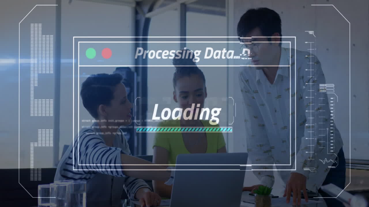 animación del procesamiento de datos sobre diversos colegas que hablan en la oficina