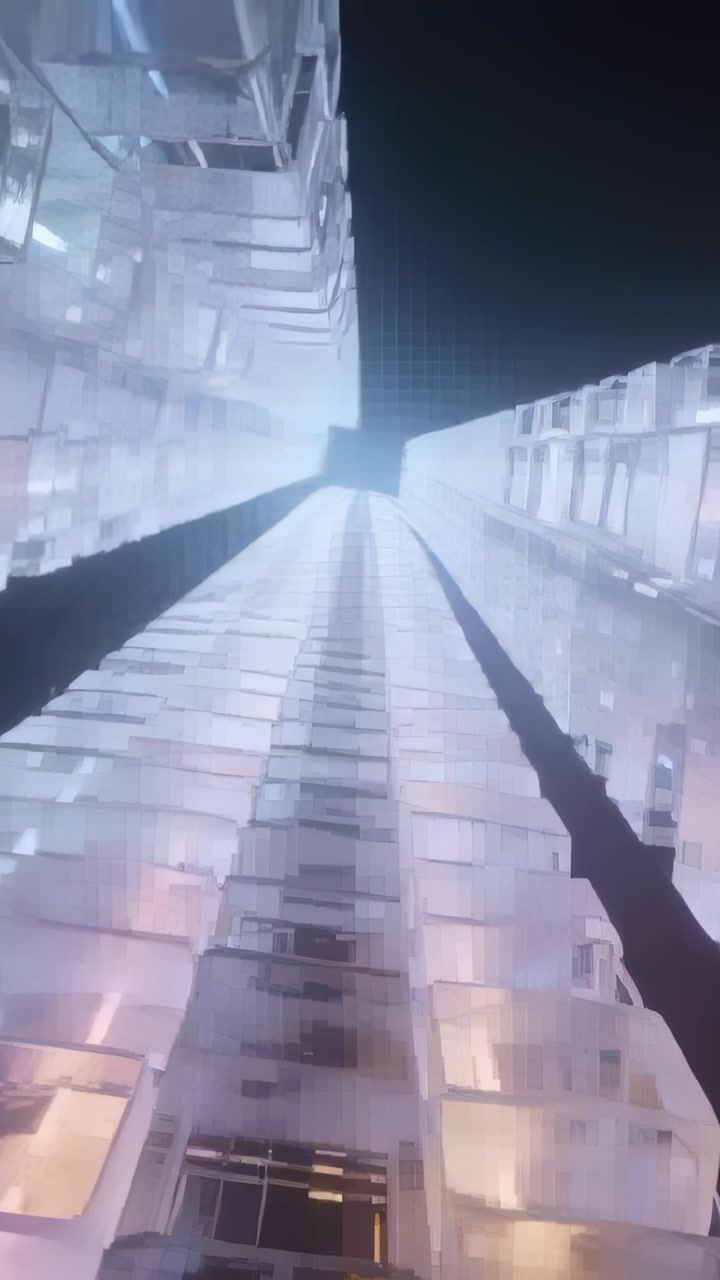 Vertikales Video: Schwenkende Kamera bewegt sich nachts zwischen hohen parallelen Fassaden nach oben und enthüllt Module