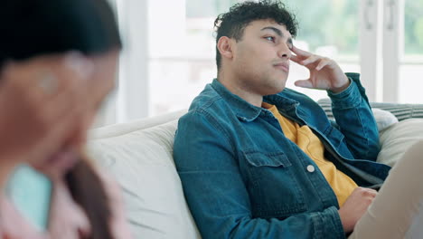 couple, fight and stress of conflict on sofa