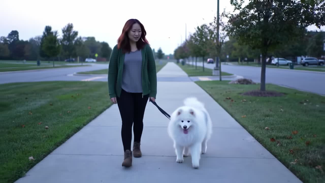 A Woman Enjoys an Evening Stroll with Her Adorable Samoyed Dog Along a Quiet Path, Surrounded by Lush Greenery and Peaceful Urban Scenery