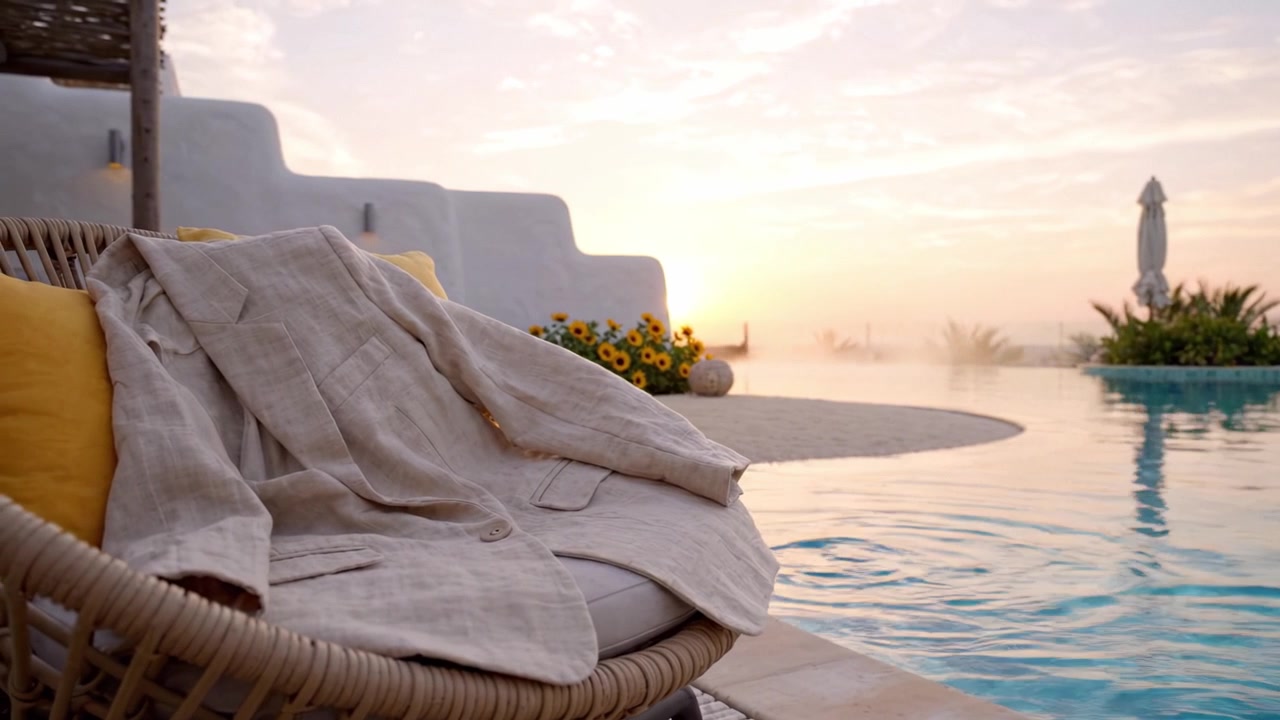 A Relaxing Evening by the Pool: A Linen Jacket on a Chair Embracing the Calmness of Dusk with Beautiful Sunset Reflections and Tranquil Surroundings