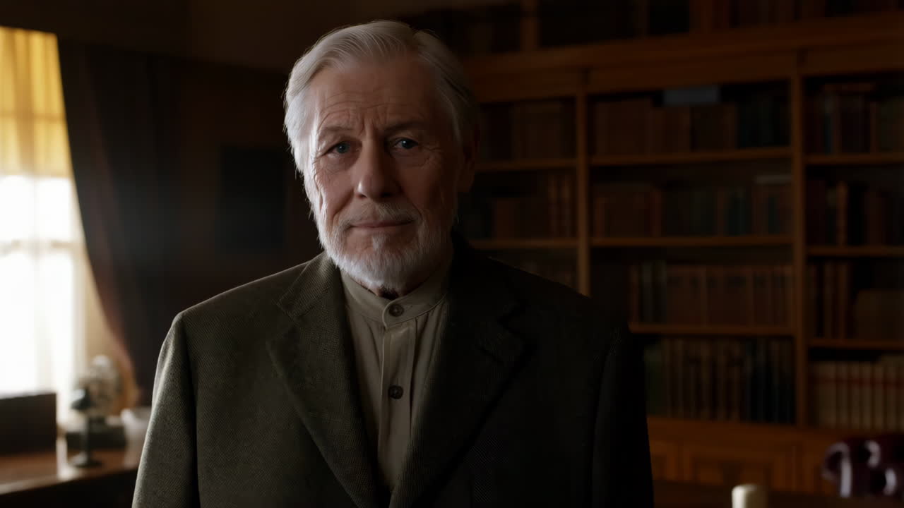 Portrait of an elderly man with a beard in a study