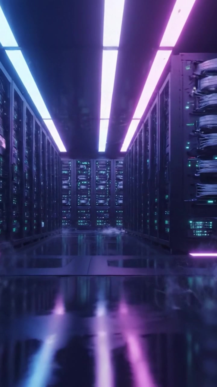 Futuristic Data Center Corridor with Neon Lighting and Reflections: A Glimpse into Advanced Server Technology and Aesthetic Architecture in a High-Tech Environment