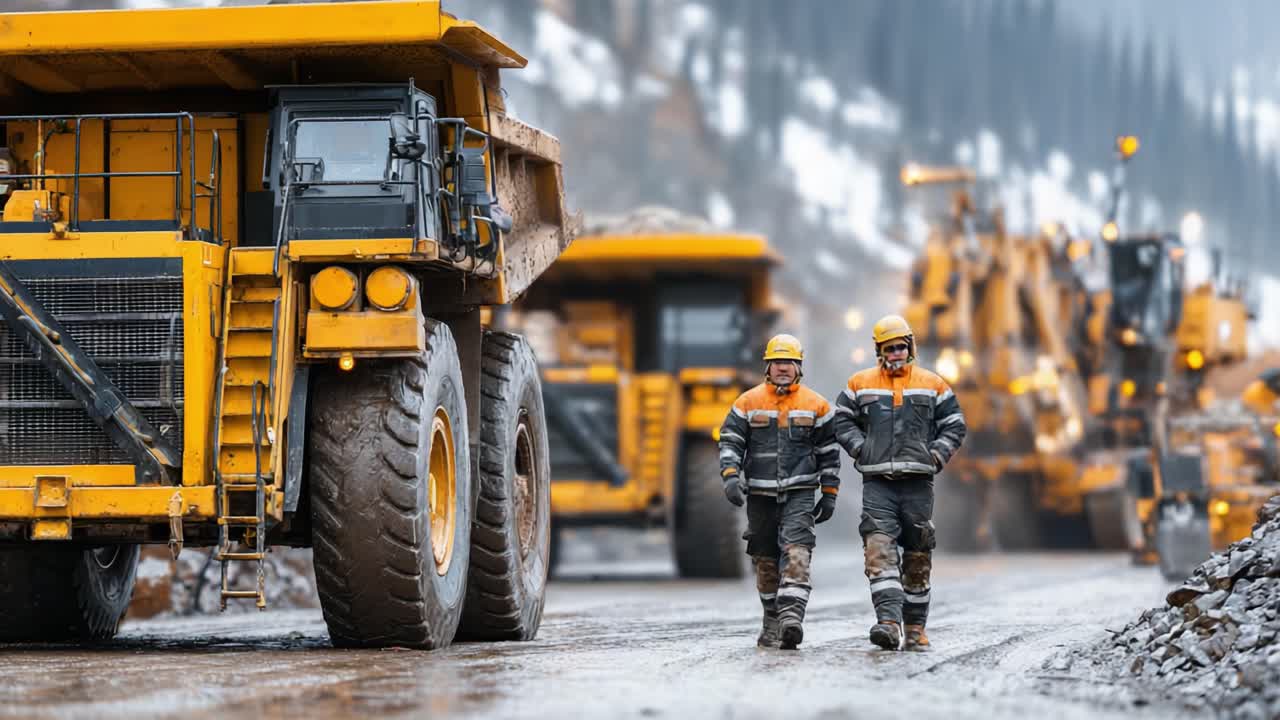 To bygningsarbejdere i sikkerhedsudstyr krydser selvsikkert en grusvej mellem massive gule minekøretøjer og viser teamwork og maskiner i en industriel setting