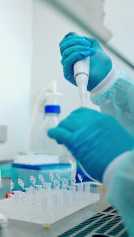 biochemical analyzing by lab worker. scientific medicine research probes test glasses tubes in modern lab. vertical video