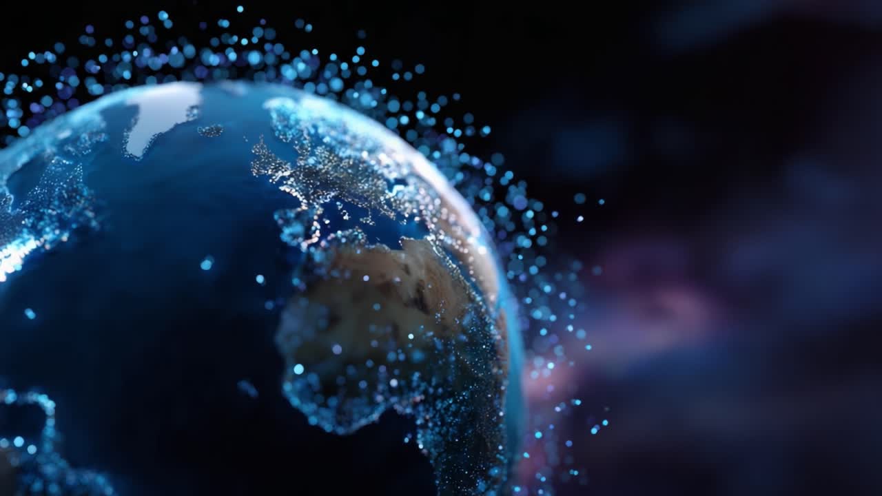 Una straordinaria rappresentazione visiva della Terra circondata da un mare di particelle luminescenti, che mette in mostra la bellezza del nostro pianeta in un ambiente cosmico
