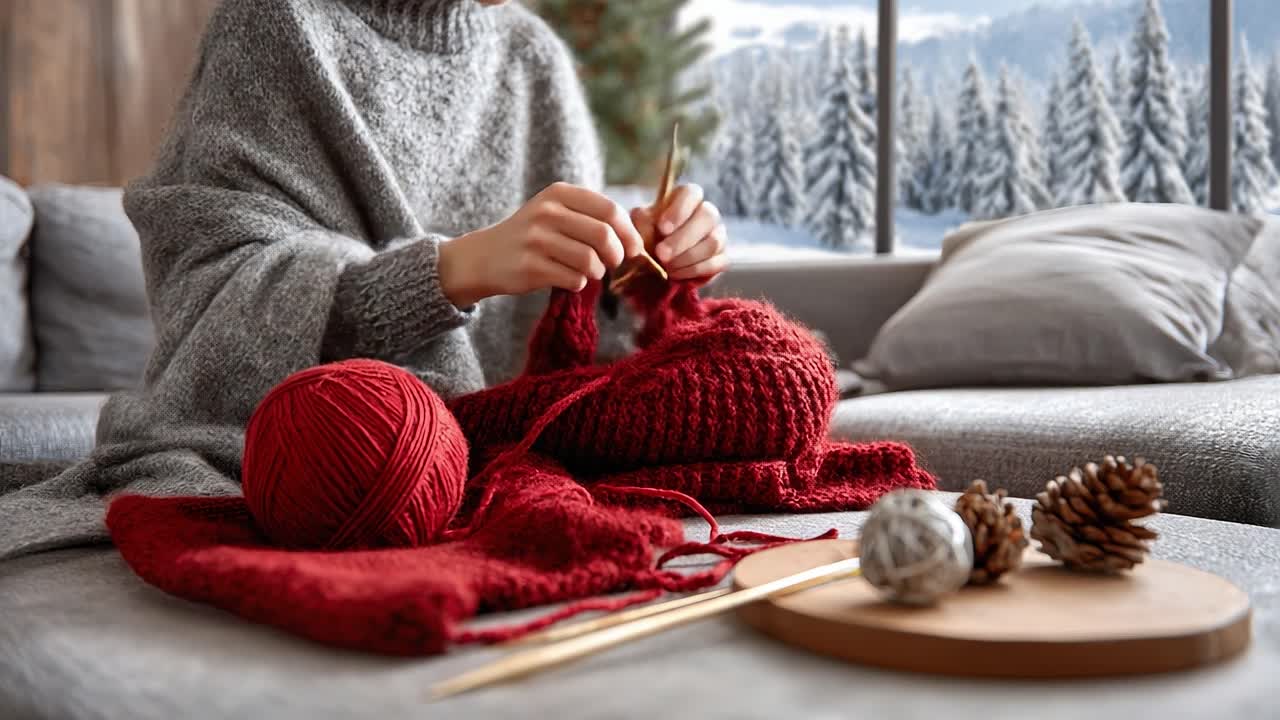 Relaxing Indoor Knitting Session: A Cozy Moment Captured as Hands Craft a Beautiful Red Yarn Project by a Window with Snowy Scenery