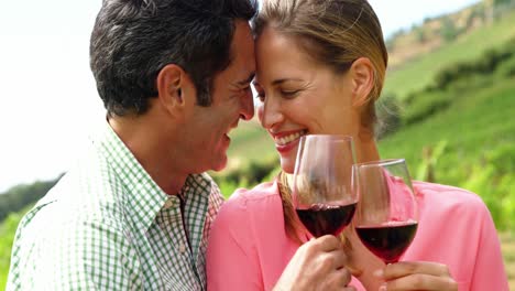 happy couple embracing while toasting a glass of wine in field