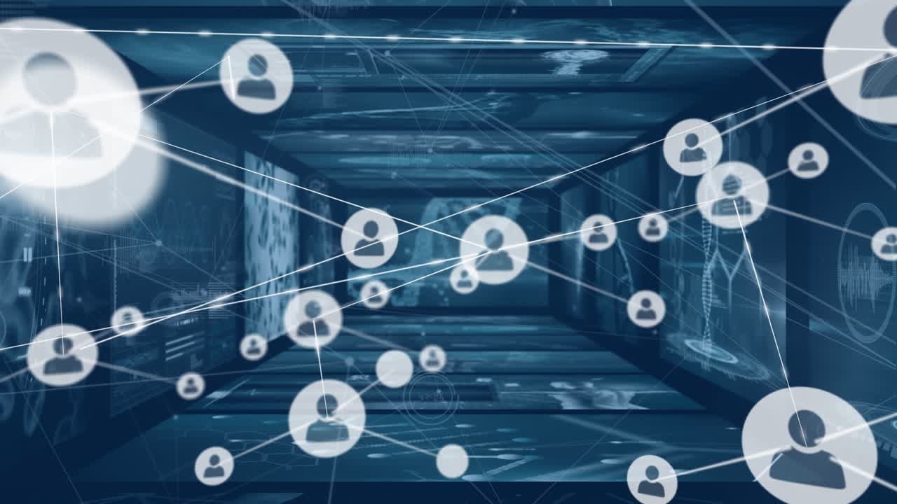 Animation of network of profile icons against screens with medical data processing