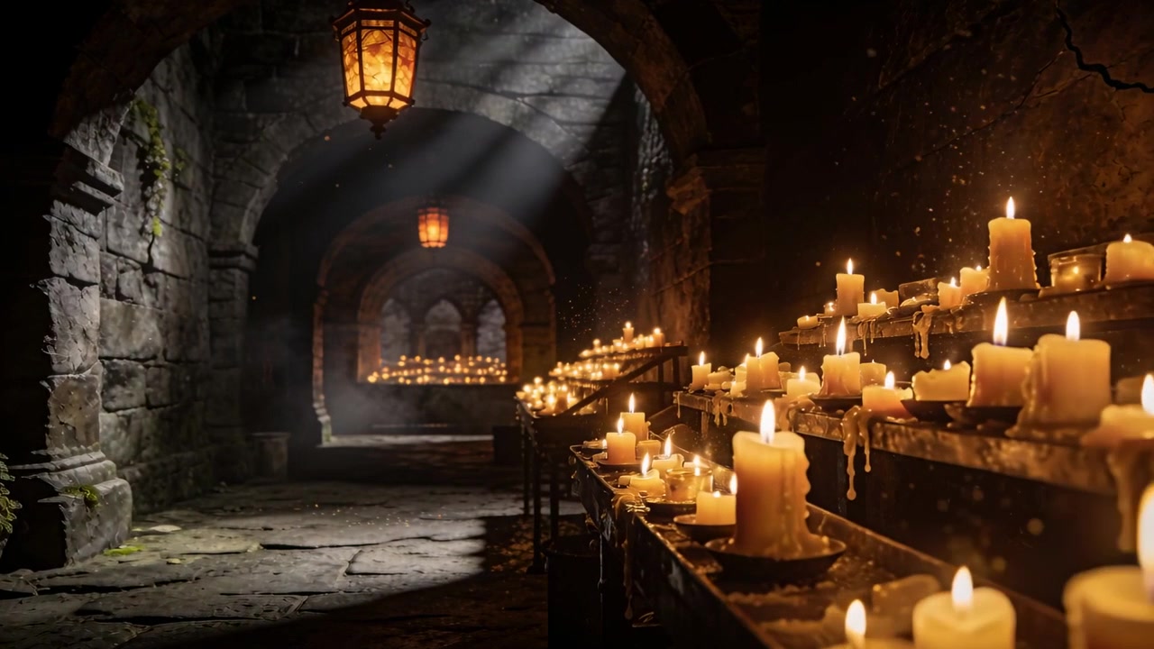 Velas bruxuleantes em prateleiras escalonadas à direita, respondendo a feixes de luz em um corredor de pedra, com espaço para texto.