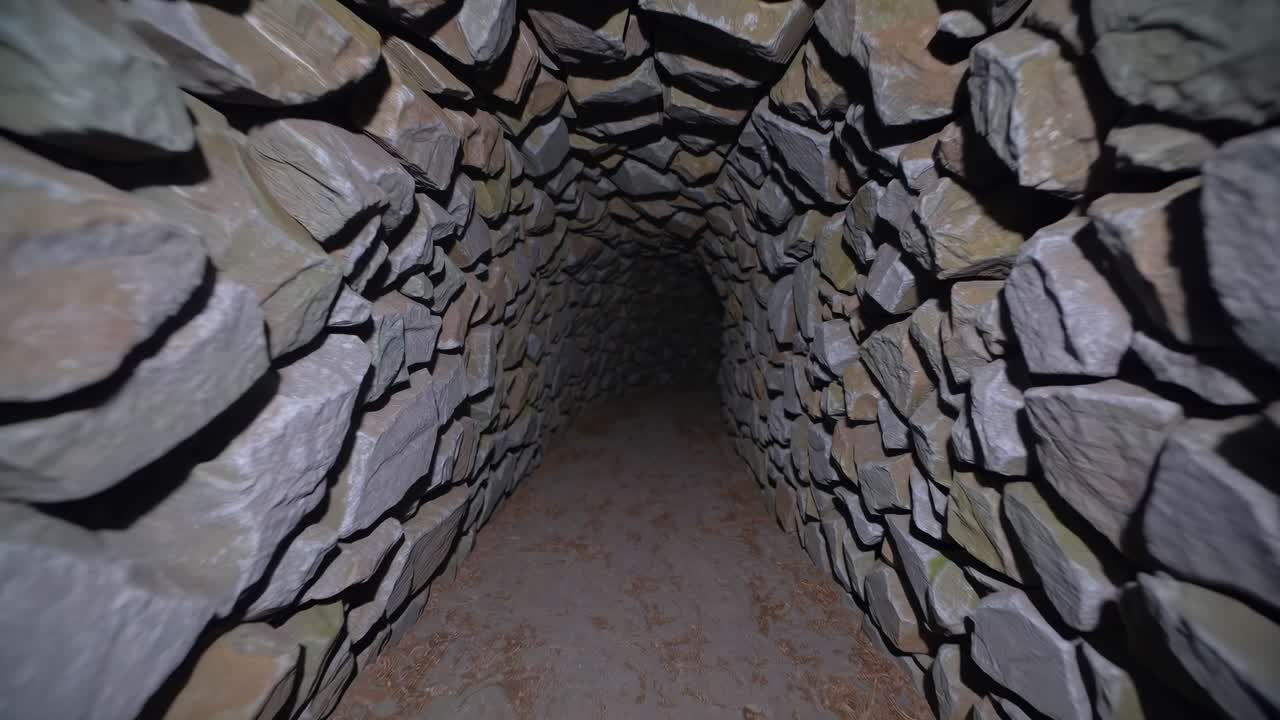 Low angle view capturing a mysterious stone tunnel vanishing into darkness, evoking a sense of adventure and the thrill of the unknown, inviting exploration and discovery