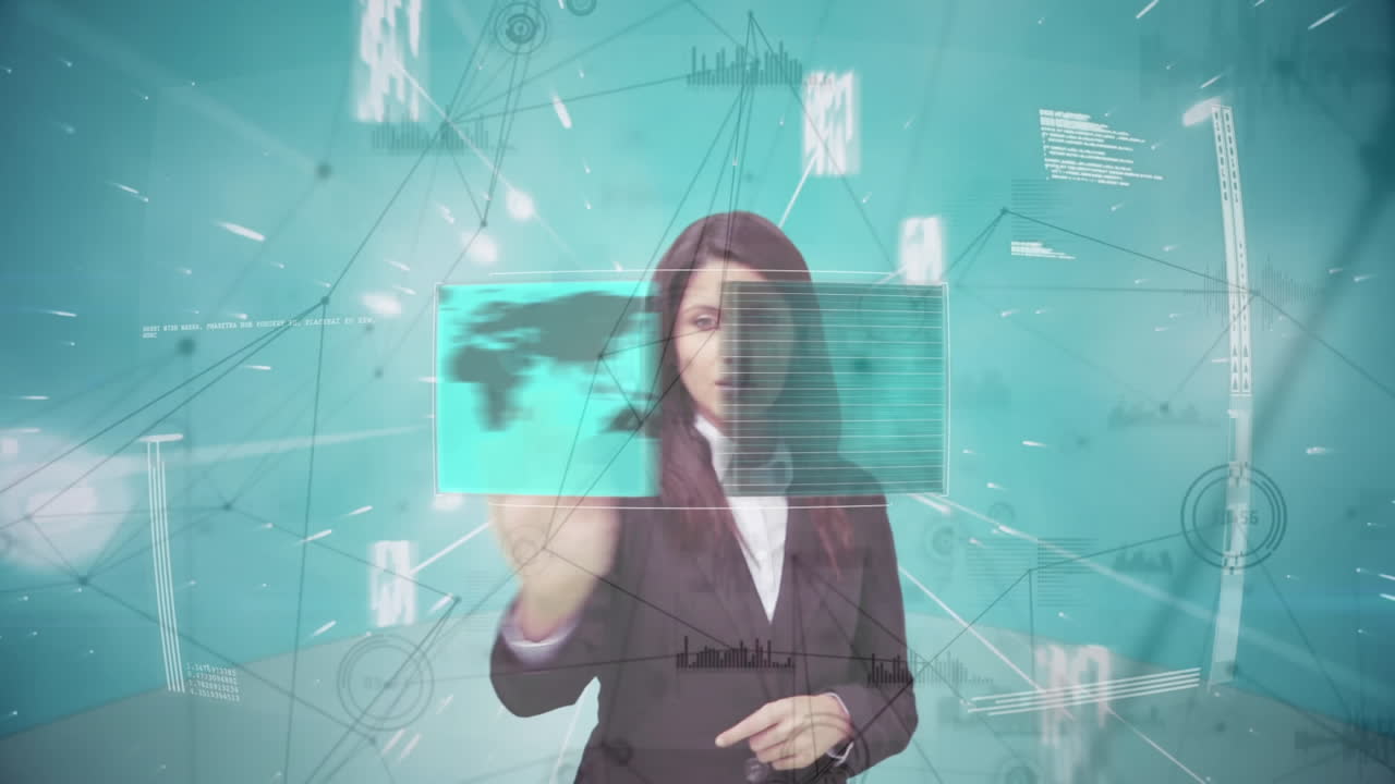 compuesto digital de una mujer de negocios tocando una pantalla futurista