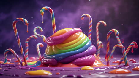 vibrant melting rainbow candy with candy canes