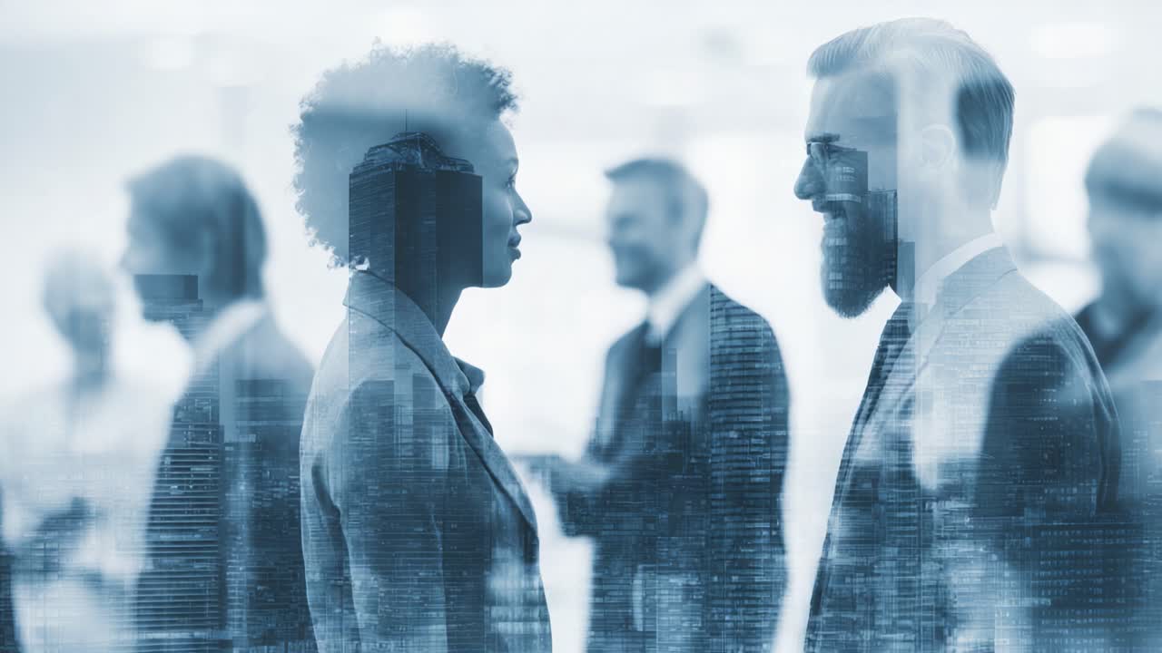Coinvolgimento di professionisti aziendali in un ambiente di lavoro moderno: interazione dinamica tra colleghi catturata in frame con filtro blu